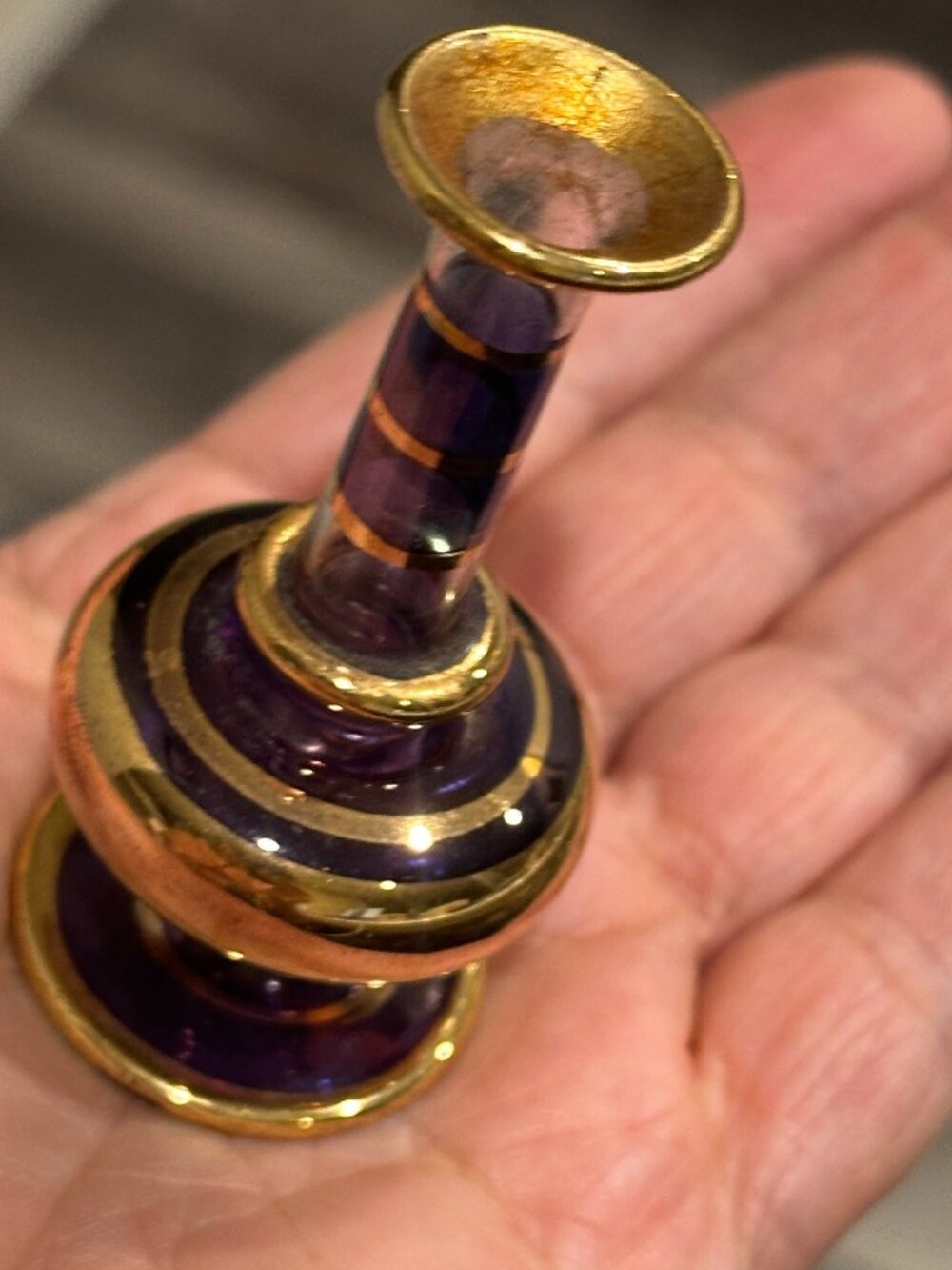 Vintage Hand Blown Small Purple 18k Gold Accents Egyptian Glass Perfume Bottle